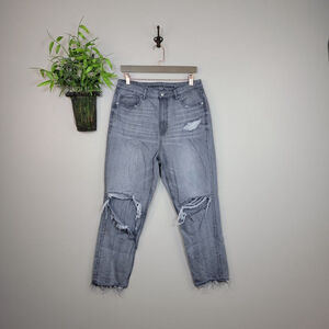 American Eagle Mom Jeans Tapered Leg Ripped Knee Relaxed Fit Gray Hi Rise AE 12